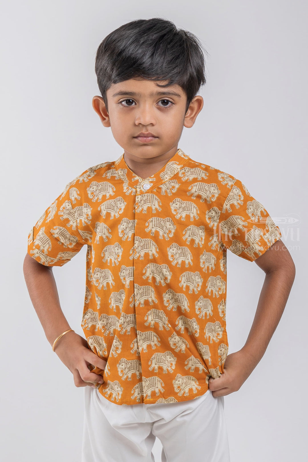 The Nesavu Boys Cotton Shirt Boys Madhubani Elephant Printed Yellow Cotton Shirt by The Nesavu psr silks Nesavu 14 (6M) / Yellow / Cotton BS044B