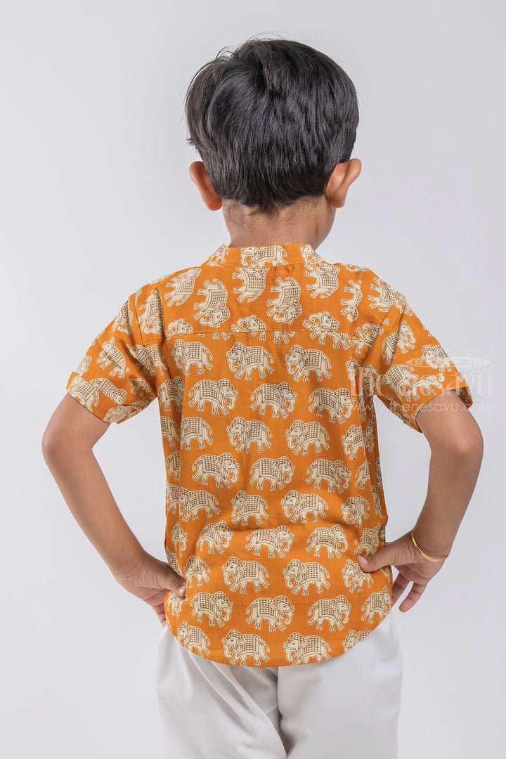 The Nesavu Boys Cotton Shirt Boys Madhubani Elephant Printed Yellow Cotton Shirt by The Nesavu psr silks Nesavu
