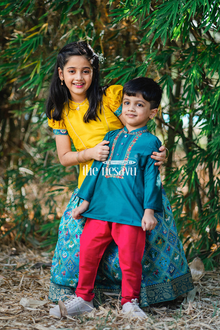 The Nesavu Boys Kurtha Set Boys Majestic Teal Kurta with Vibrant Pink Pants Set Nesavu Boys Teal and Pink Festive Kurta Set | The Nesavu