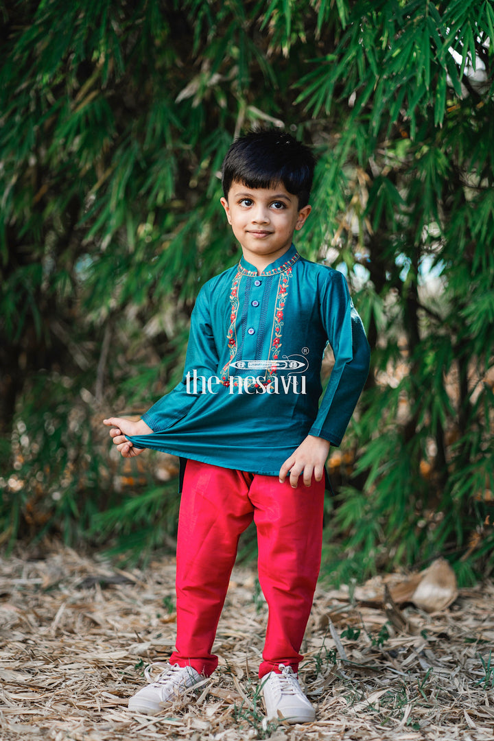 The Nesavu Boys Kurtha Set Boys Majestic Teal Kurta with Vibrant Pink Pants Set Nesavu Boys Teal and Pink Festive Kurta Set | The Nesavu