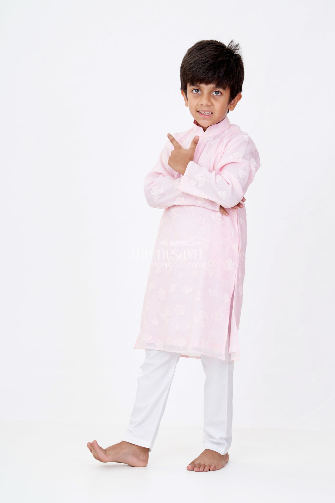 The Nesavu Boys Kurtha Set Boys Male Kurta in Blended Silk with Floral Detailing and Pajama for Festive Wear Nesavu 14 (6M) / Pink BES634B-14 Nesavu Boys Male Kurta Blended Silk Floral Detailing Pajama Festive Wear