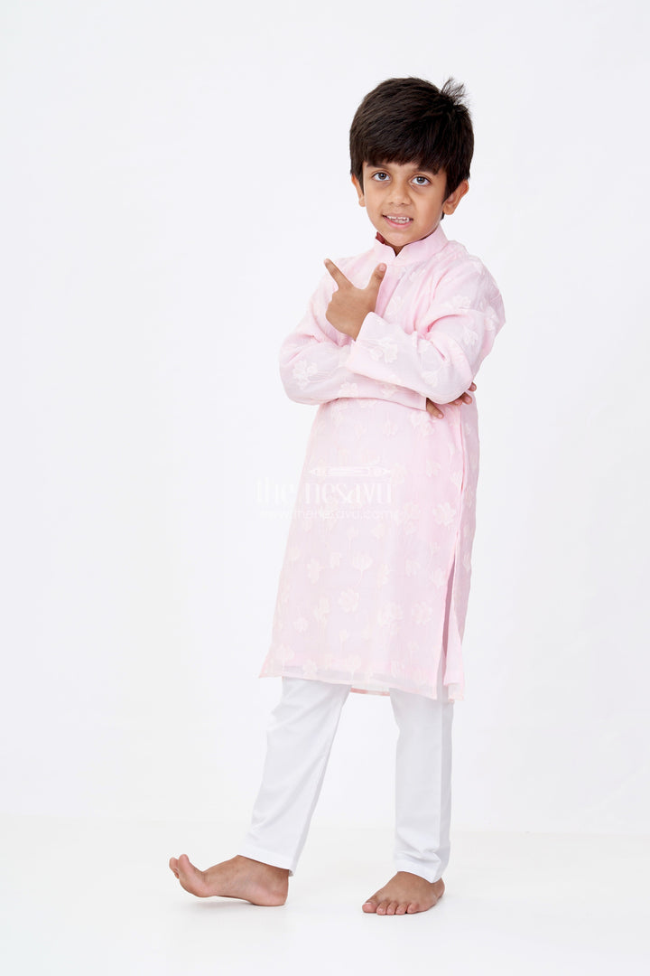 The Nesavu Boys Kurtha Set Boys Male Kurta in Blended Silk with Floral Detailing and Pajama for Festive Wear Nesavu 14 (6M) / Pink BES634B-14 Nesavu Boys Male Kurta Blended Silk Floral Detailing Pajama Festive Wear
