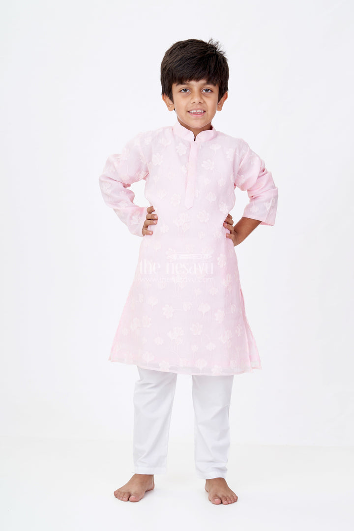 The Nesavu Boys Kurtha Set Boys Male Kurta in Blended Silk with Floral Detailing and Pajama for Festive Wear Nesavu Nesavu Boys Male Kurta Blended Silk Floral Detailing Pajama Festive Wear