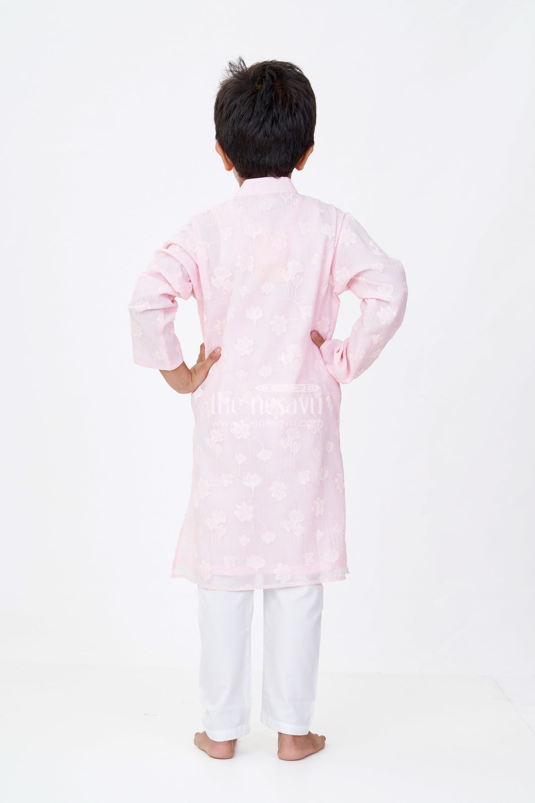 The Nesavu Boys Kurtha Set Boys Male Kurta in Blended Silk with Floral Detailing and Pajama for Festive Wear Nesavu Nesavu Boys Male Kurta Blended Silk Floral Detailing Pajama Festive Wear