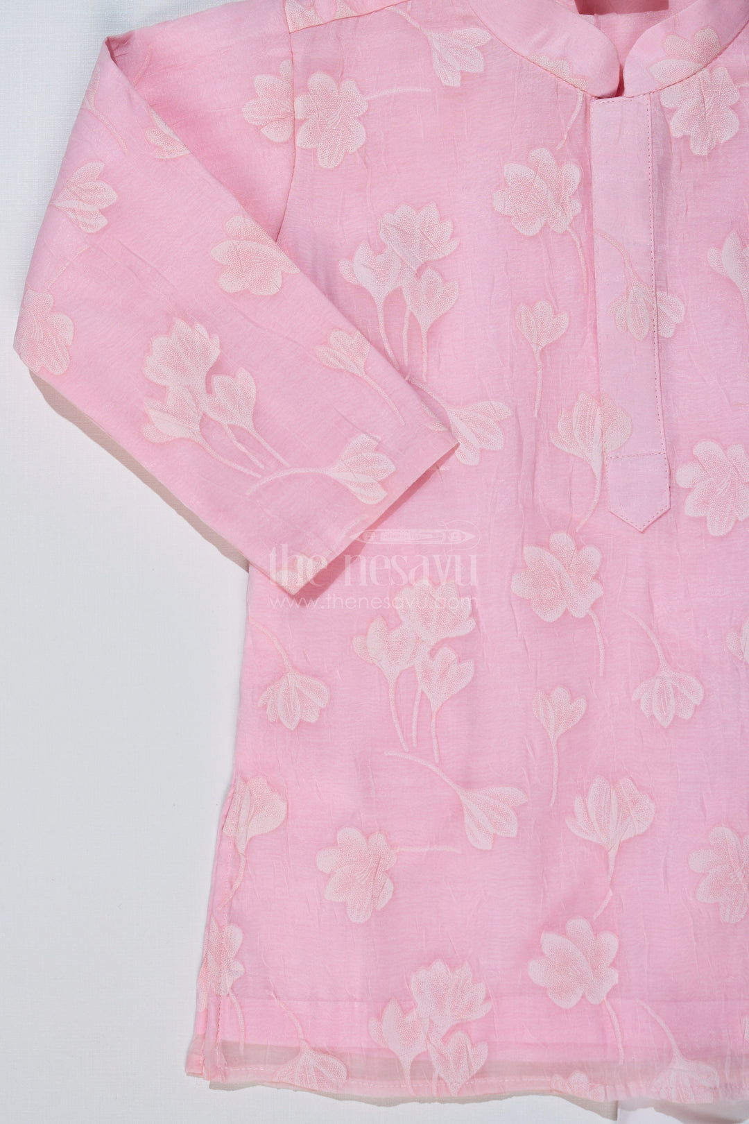 The Nesavu Boys Kurtha Set Boys Male Kurta in Blended Silk with Floral Detailing and Pajama for Festive Wear Nesavu Nesavu Boys Male Kurta Blended Silk Floral Detailing Pajama Festive Wear