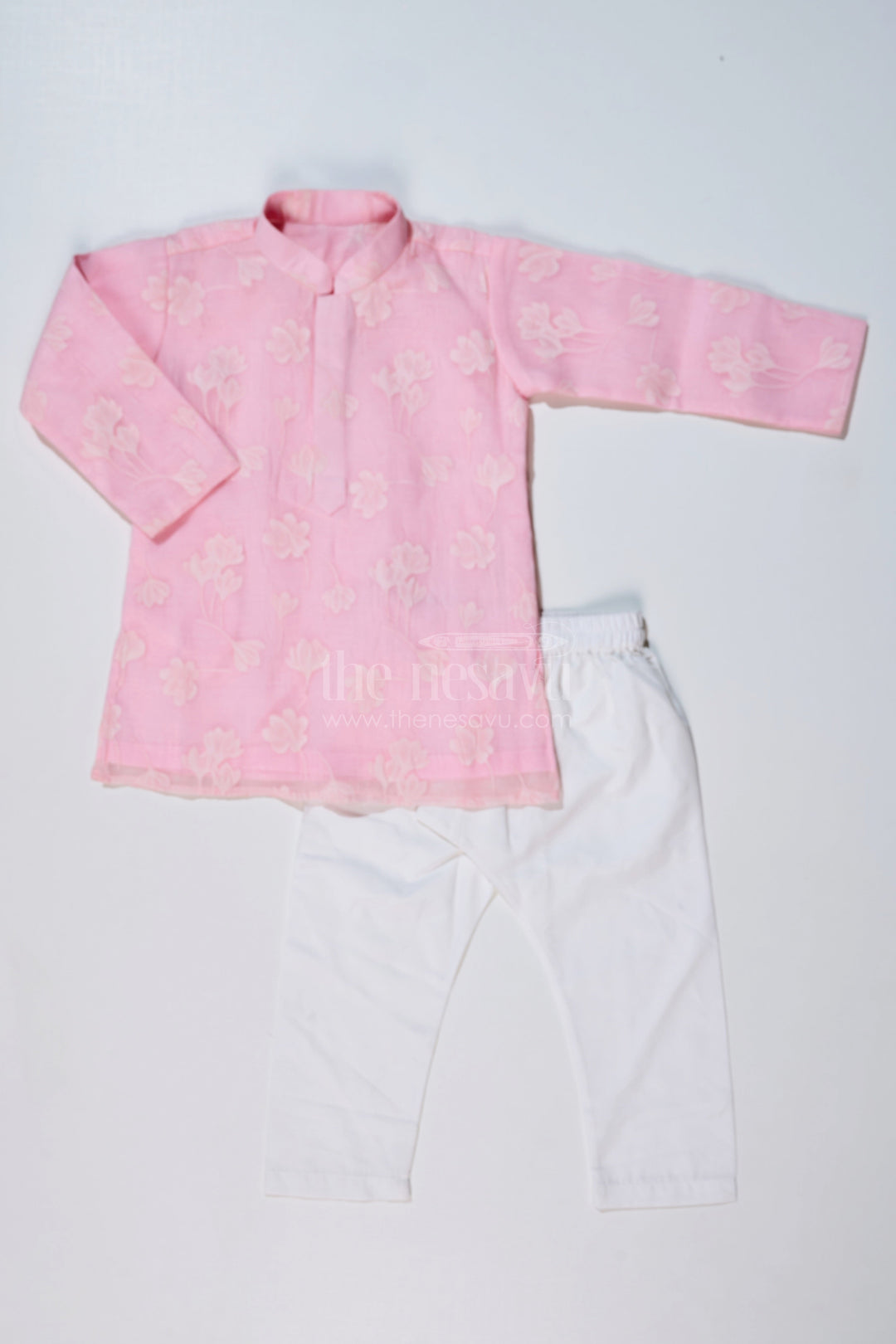 The Nesavu Boys Kurtha Set Boys Male Kurta in Blended Silk with Floral Detailing and Pajama for Festive Wear Nesavu Nesavu Boys Male Kurta Blended Silk Floral Detailing Pajama Festive Wear