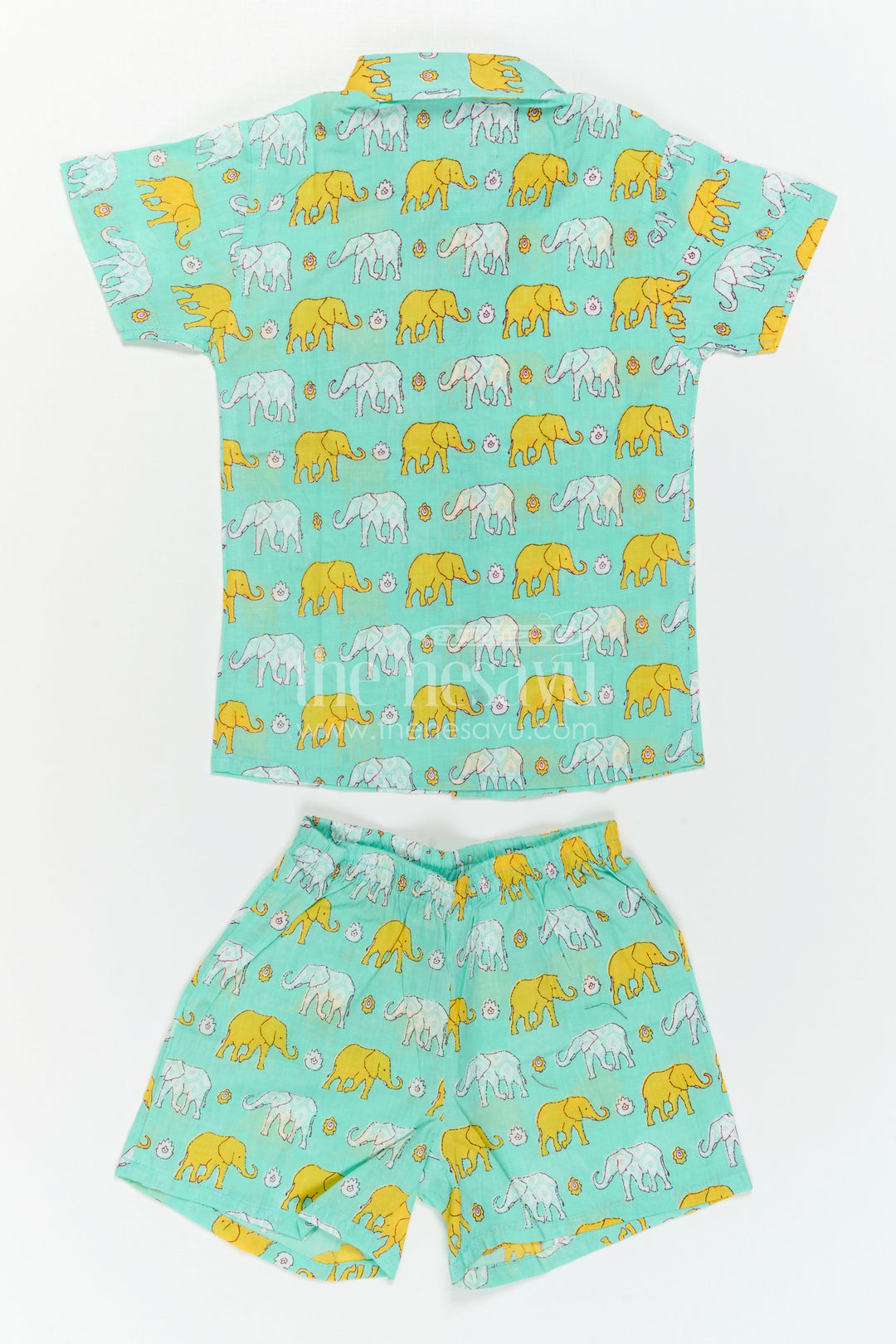 The Nesavu Boys Casual Set Boys Matching Co Ord Set for Summer Playtime and Outings Nesavu Nesavu Boys Cotton Co Ord Set For Summer Playtime With Elephant Print Shirt And Shorts Casual Wear