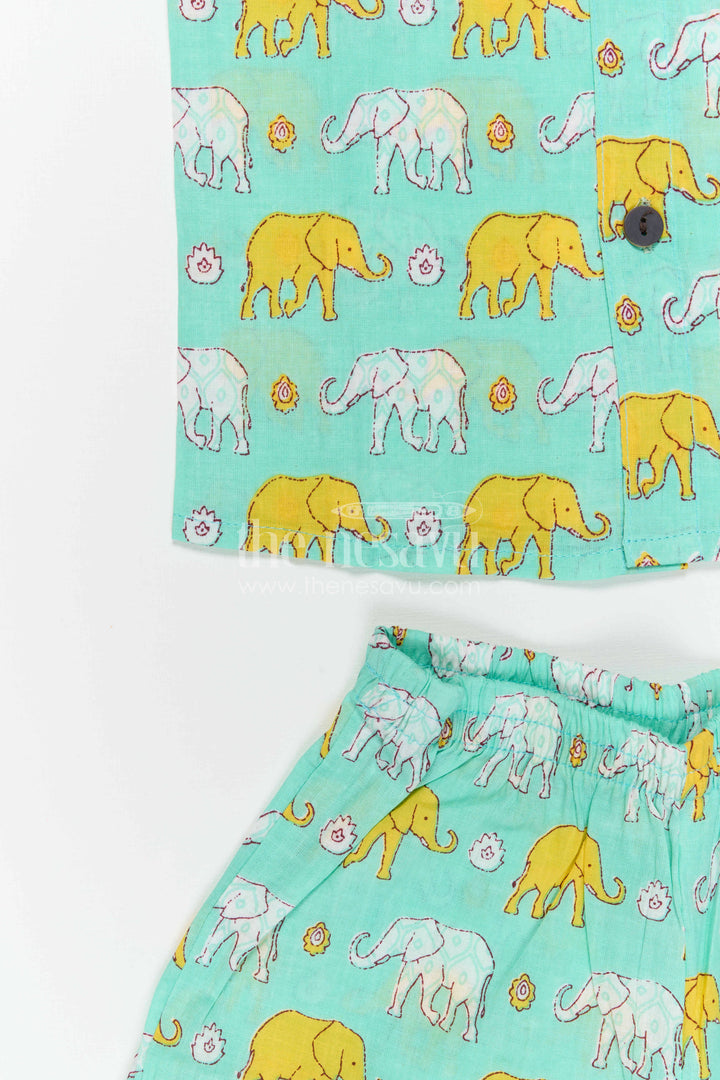 The Nesavu Boys Casual Set Boys Matching Co Ord Set for Summer Playtime and Outings Nesavu Nesavu Boys Cotton Co Ord Set For Summer Playtime With Elephant Print Shirt And Shorts Casual Wear