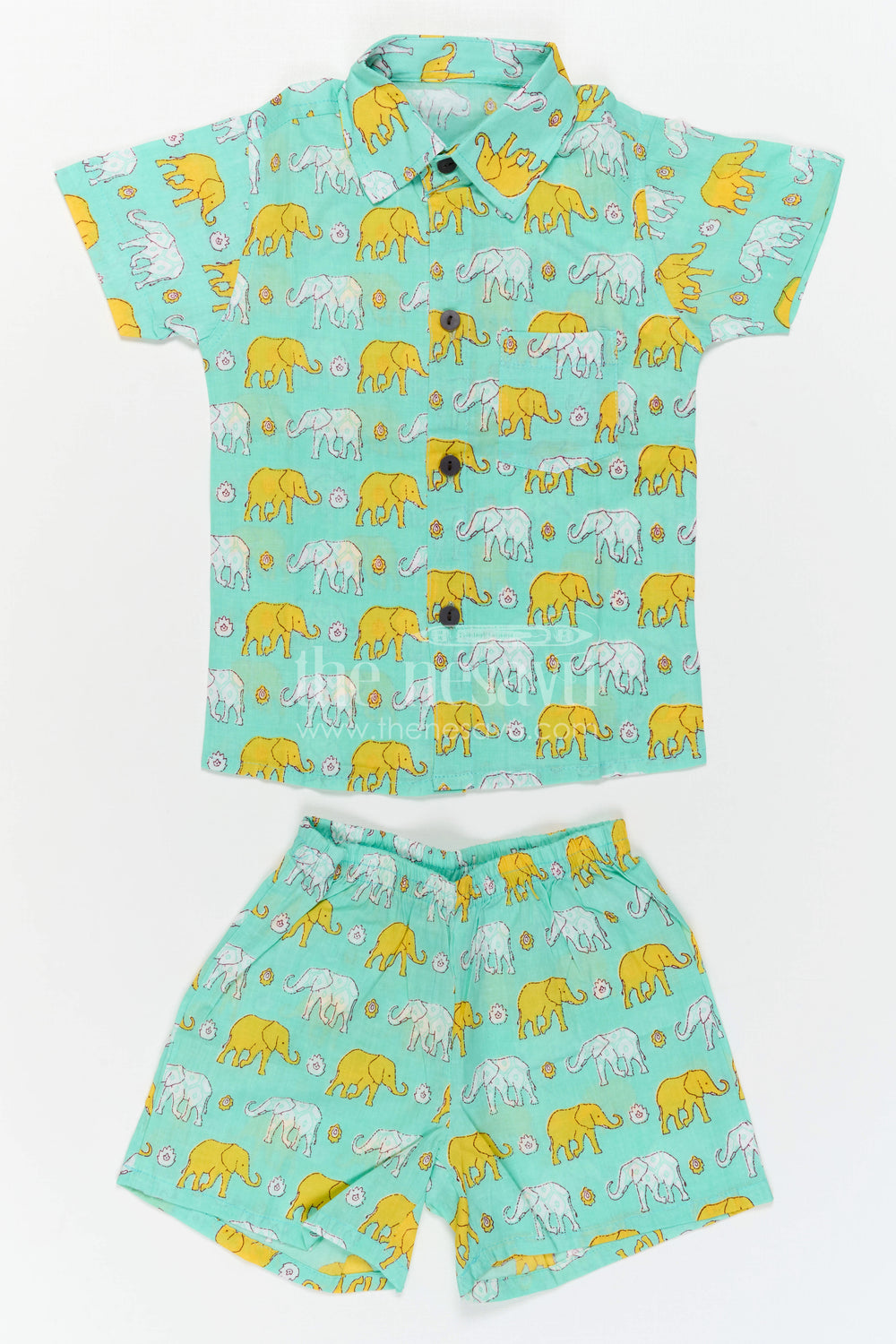 The Nesavu Boys Casual Set Boys Matching Co Ord Set for Summer Playtime and Outings Nesavu Nesavu Boys Cotton Co Ord Set For Summer Playtime With Elephant Print Shirt And Shorts Casual Wear