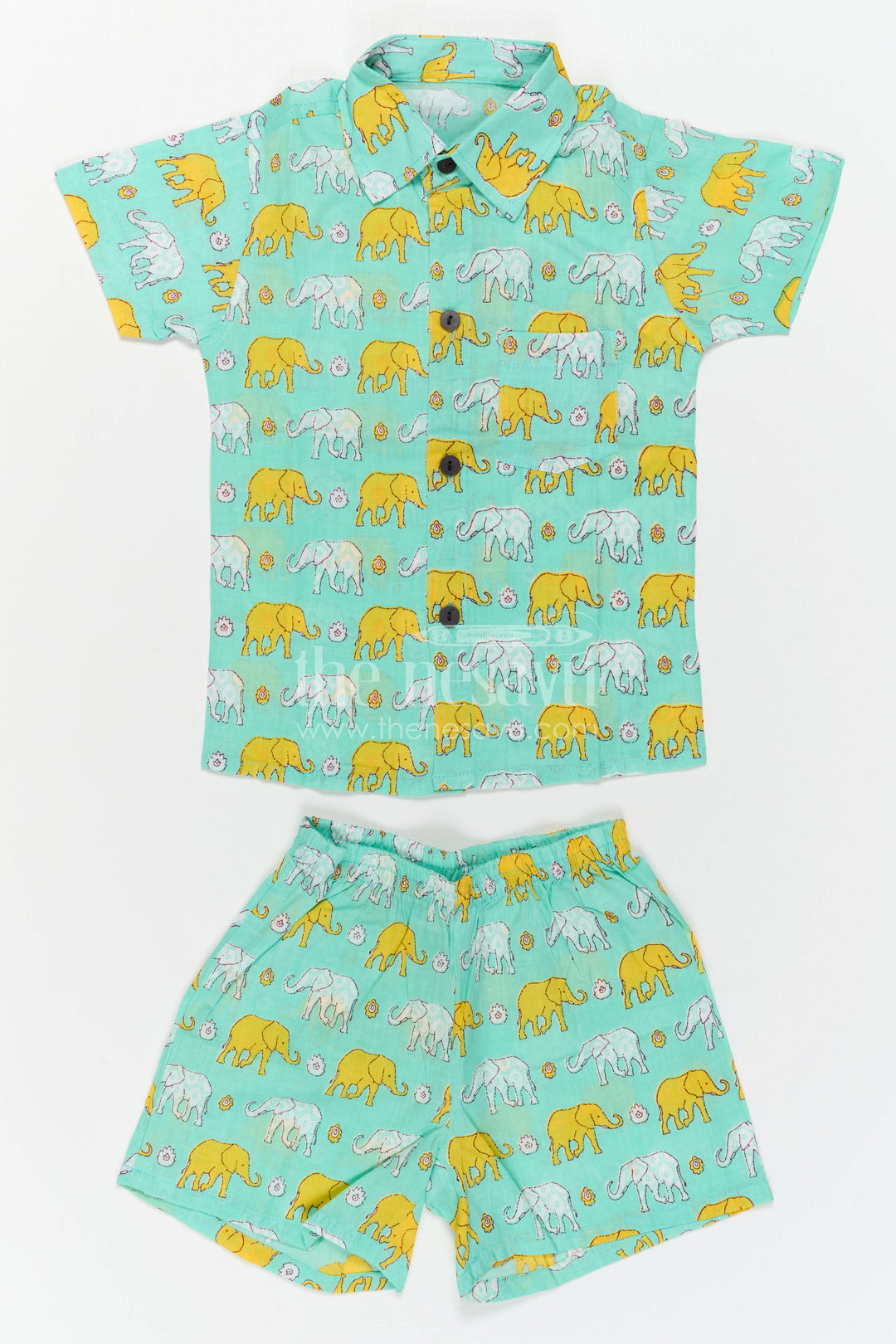 The Nesavu Boys Casual Set Boys Matching Co Ord Set for Summer Playtime and Outings Nesavu Nesavu Boys Cotton Co Ord Set For Summer Playtime With Elephant Print Shirt And Shorts Casual Wear