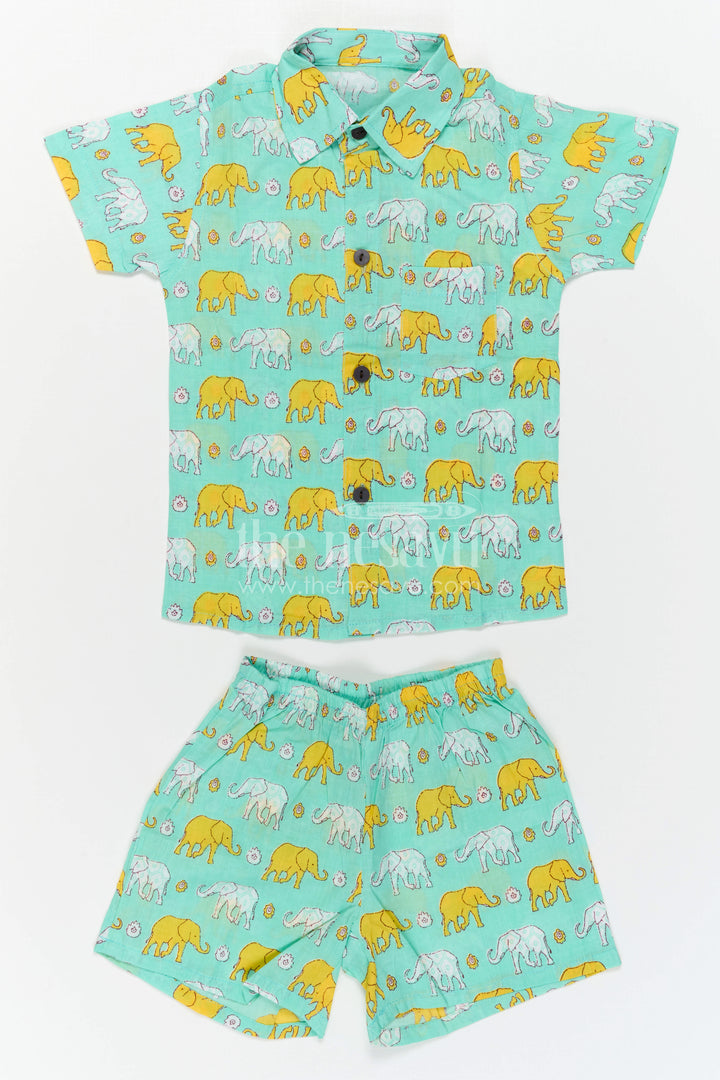The Nesavu Boys Casual Set Boys Matching Co Ord Set for Summer Playtime and Outings Nesavu Nesavu Boys Cotton Co Ord Set For Summer Playtime With Elephant Print Shirt And Shorts Casual Wear