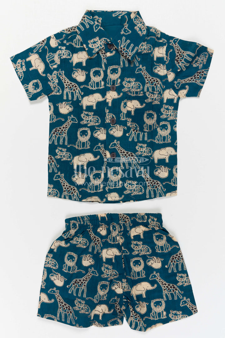 The Nesavu Boys Casual Set Boys Matching Outfit for Summer Travel and Playtime Nesavu Nesavu Boys Cotton Matching Co Ord Set For Summer Travel With Animal Print Shirt And Shorts