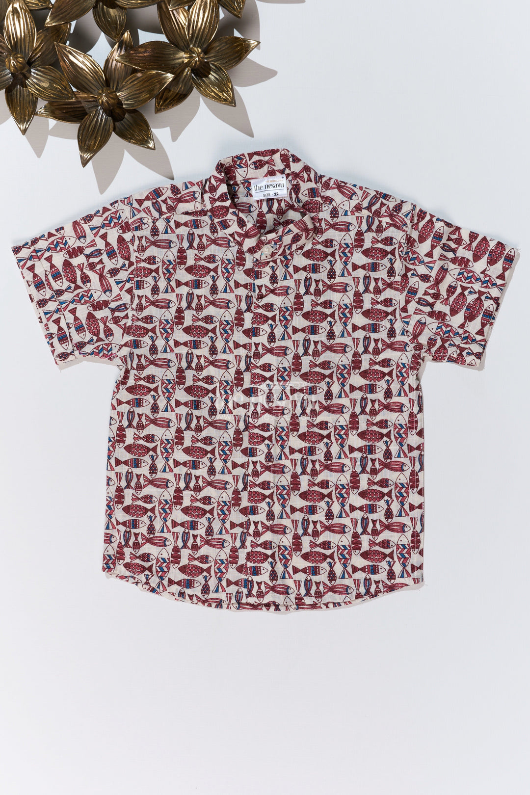 The Nesavu Boys Cotton Shirt Boys Matching Shirts for Brothers in Cotton Block Print with Traditional Fish Motif Nesavu 16 (1Y) / Purple BS244C-16 Nesavu Boys Matching Shirts Brothers Cotton Block Print Stylish Fish Motif
