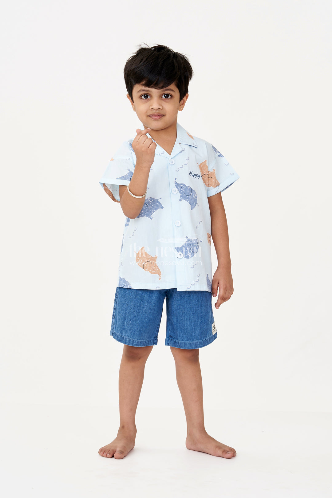 The Nesavu Boys Casual Set Boys Men’s Casual Two Piece Outfits in Light Blue Animal Printed Shirt with Denim Shorts Nesavu 20 (3Y) / Blue BCS220B-20 Nesavu Boys Mens Casual Two Piece Outfits Blue Animal Print Shirt Denim Cotton Shorts