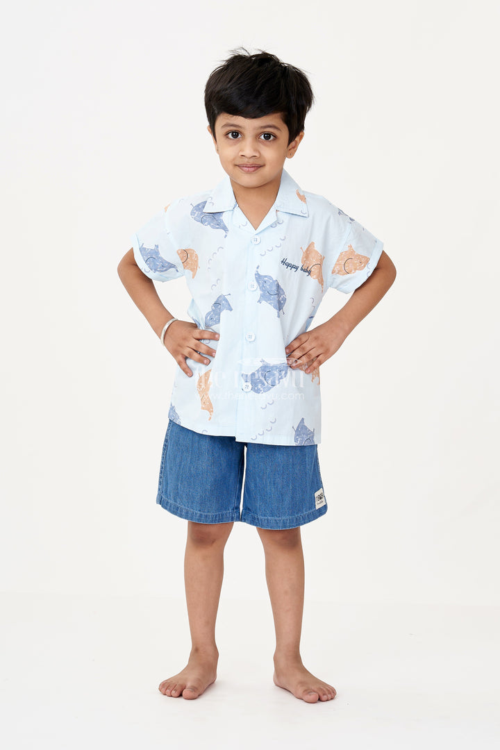 The Nesavu Boys Casual Set Boys Men’s Casual Two Piece Outfits in Light Blue Animal Printed Shirt with Denim Shorts Nesavu Nesavu Boys Mens Casual Two Piece Outfits Blue Animal Print Shirt Denim Cotton Shorts