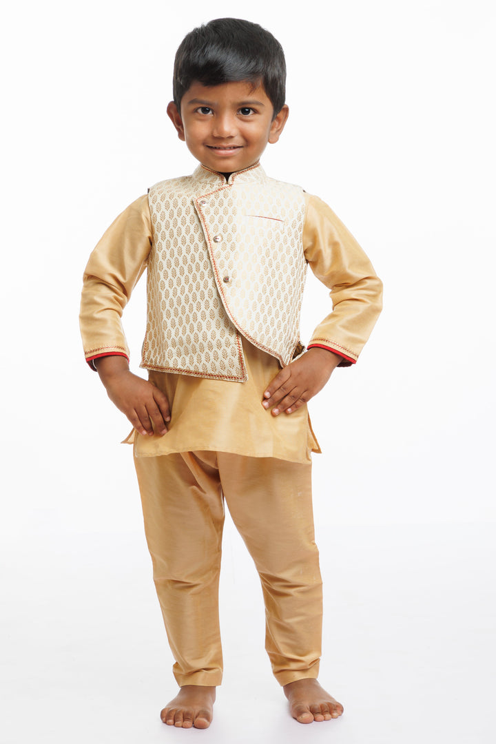 The Nesavu Boys Jacket Sets Boys Modern Kurta with Elegant Brocade Jacket Outfit Nesavu 14 (6M) / Beige / Blend Silk BES478B-14 Designer Kurta Pant with Jacket Set for Boys | Traditional Elegance | The Nesavu