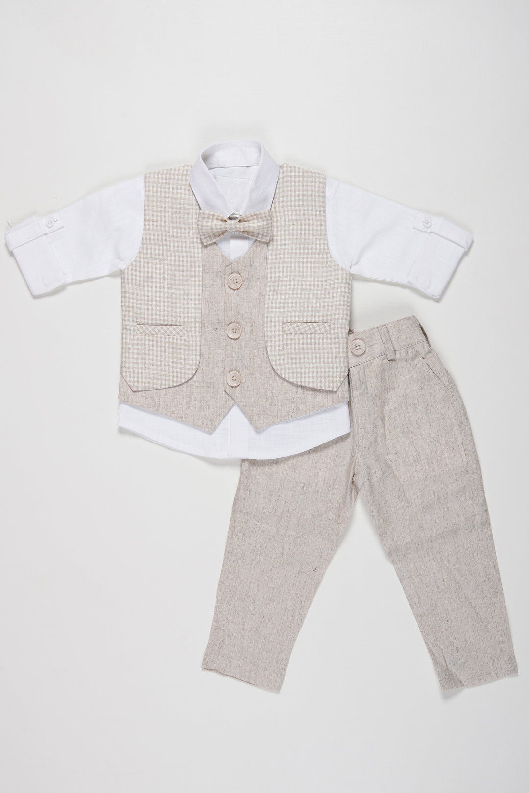 The Nesavu Boys Casual Set Boys Modern Linen Vest Suit Set with Matching Trousers and Bow Tie Nesavu 12 (3M) / Beige / Cotton Linen BCS031A-12 Boys Linen Vest and Trousers Set | Elegant Formal Wear for Boys with Bow Tie | The Nesavu