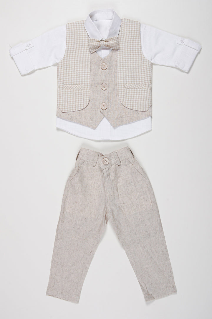 The Nesavu Boys Casual Set Boys Modern Linen Vest Suit Set with Matching Trousers and Bow Tie Nesavu Boys Linen Vest and Trousers Set | Elegant Formal Wear for Boys with Bow Tie | The Nesavu