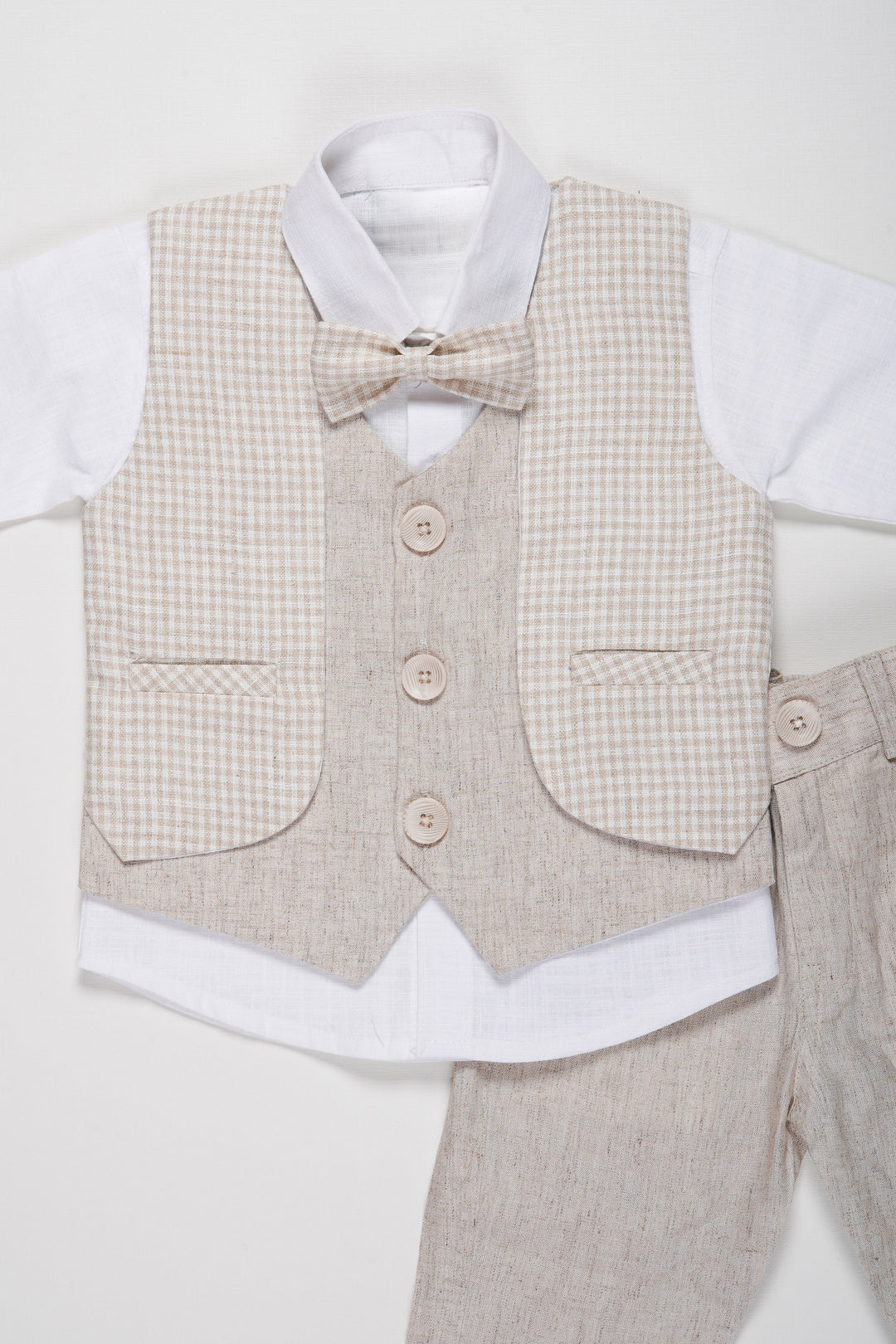 The Nesavu Boys Casual Set Boys Modern Linen Vest Suit Set with Matching Trousers and Bow Tie Nesavu Boys Linen Vest and Trousers Set | Elegant Formal Wear for Boys with Bow Tie | The Nesavu