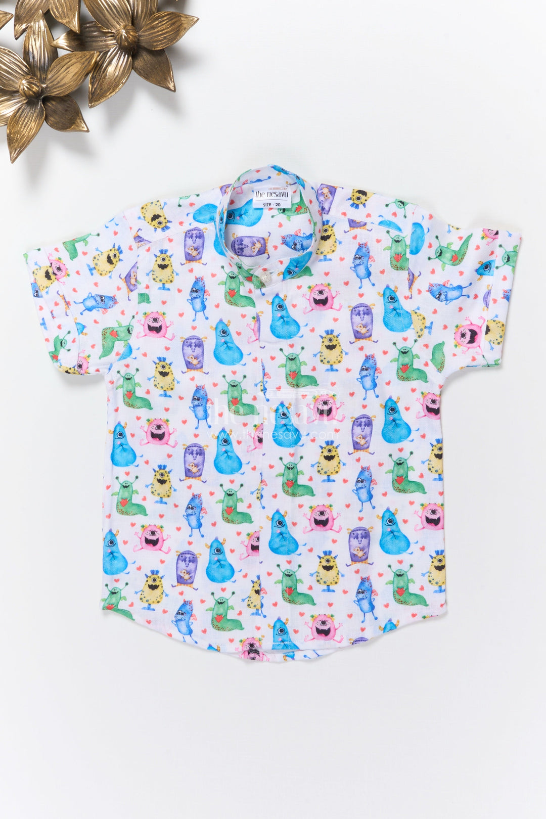 The Nesavu Boys Linen Shirt Boys Monster Print Linen Shirt for Birthday Fun and Playful Dressing Nesavu 16 (1Y) / Blue BS367A-16 Nesavu boys monster digital print linen shirt birthdays playful outings casual wear