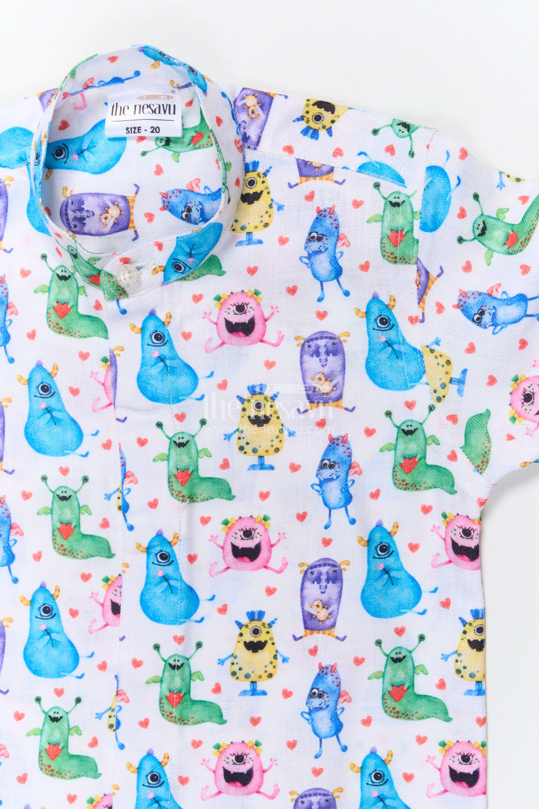 The Nesavu Boys Linen Shirt Boys Monster Print Linen Shirt for Birthday Fun and Playful Dressing Nesavu Nesavu boys monster digital print linen shirt birthdays playful outings casual wear