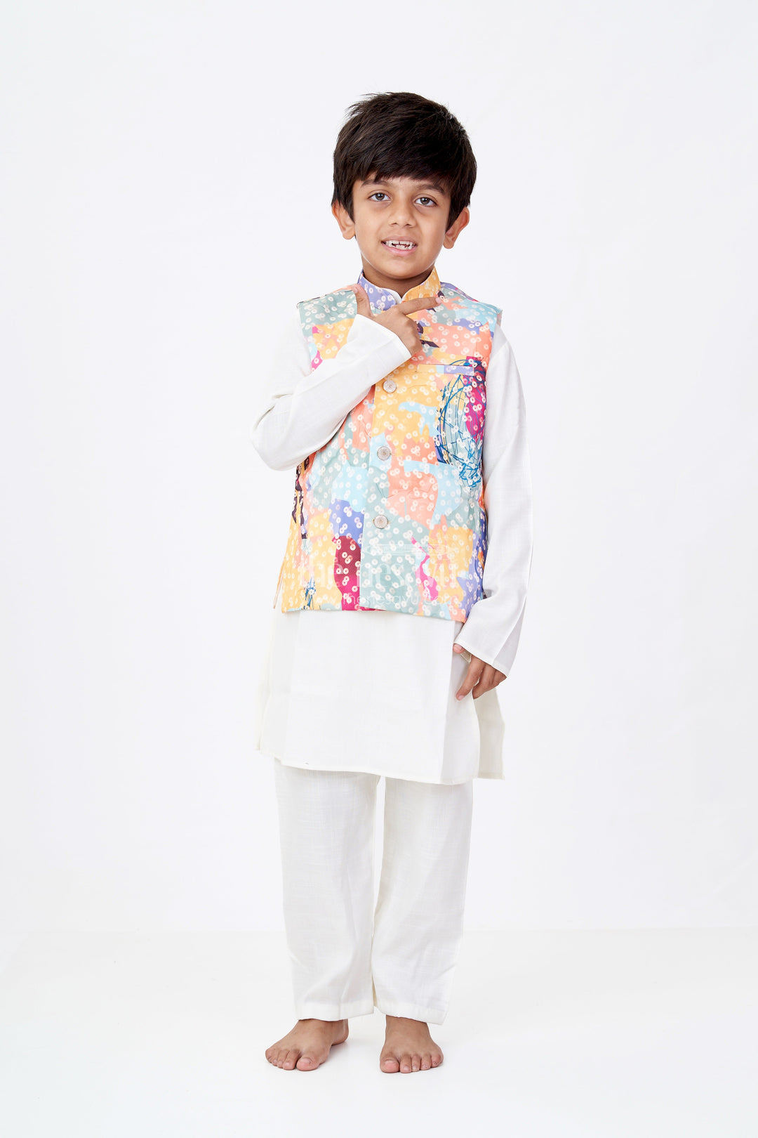 The Nesavu Boys Kurtha Set Boys Multicolor Best Kurta Sets with White Silk Blend and Printed Nehru Jacket for Festive Flair Nesavu 16 (1Y) / Multicolor BES673A-16 Nesavu Boys Silk Blend White Kurta Set Multicolor Printed Nehru Jacket Festive Dressing