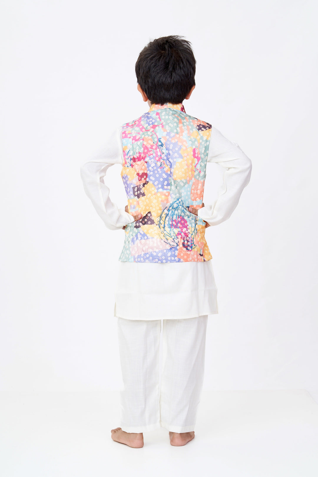 The Nesavu Boys Kurtha Set Boys Multicolor Best Kurta Sets with White Silk Blend and Printed Nehru Jacket for Festive Flair Nesavu Nesavu Boys Silk Blend White Kurta Set Multicolor Printed Nehru Jacket Festive Dressing
