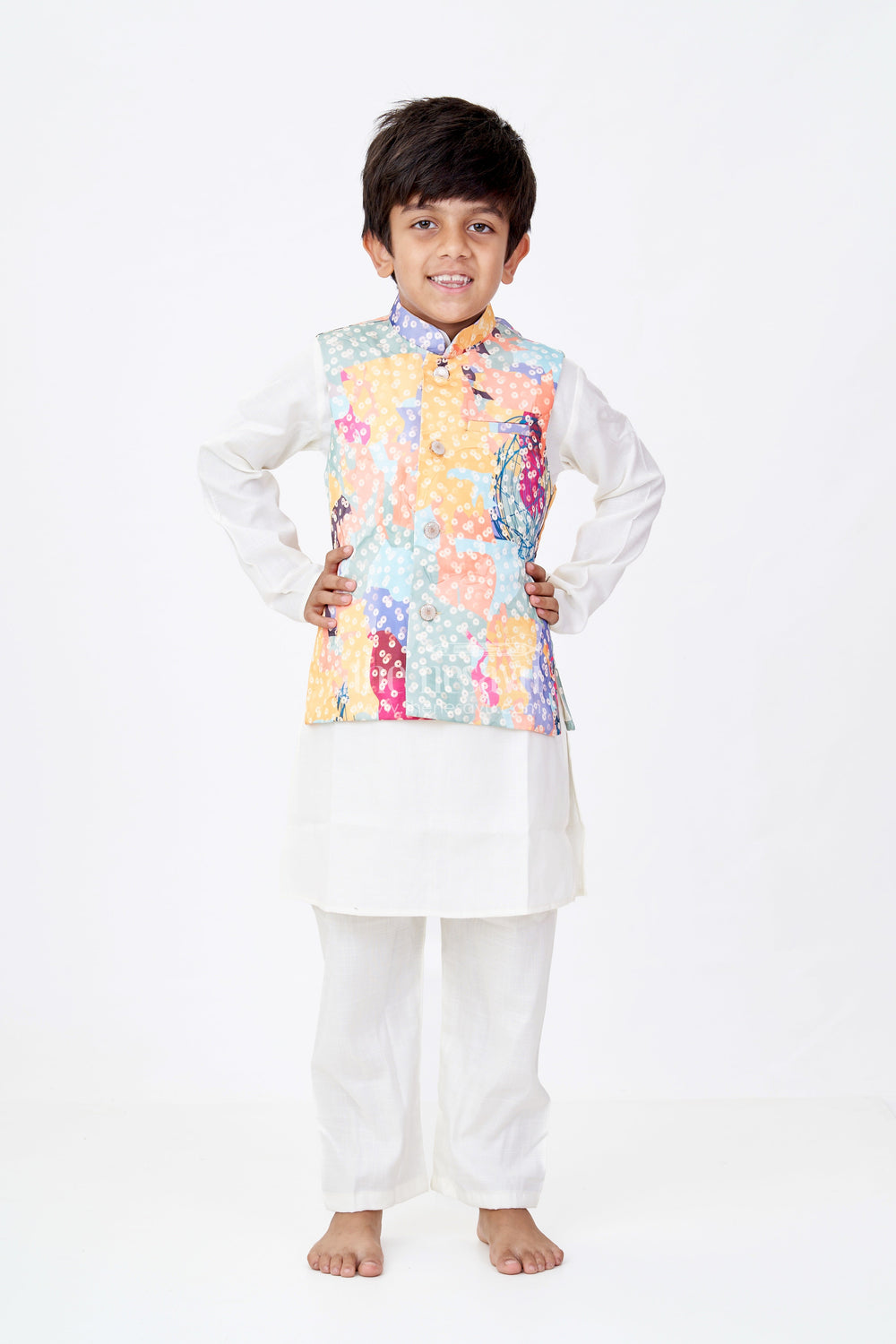 The Nesavu Boys Kurtha Set Boys Multicolor Best Kurta Sets with White Silk Blend and Printed Nehru Jacket for Festive Flair Nesavu Nesavu Boys Silk Blend White Kurta Set Multicolor Printed Nehru Jacket Festive Dressing