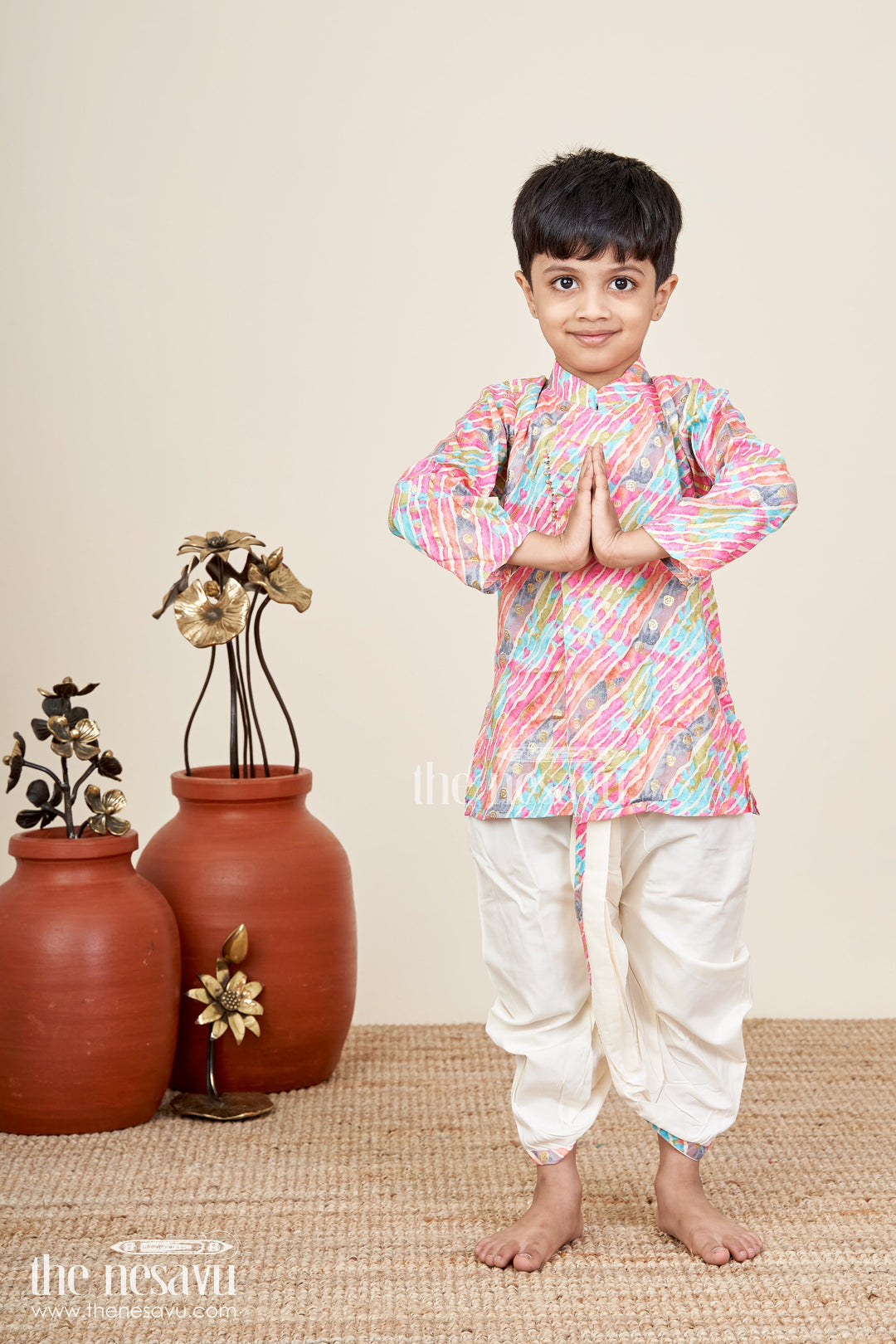 The Nesavu Boys Dothi Set Boys multicolor brush stroke kurta and ivory dhoti set Nesavu 12 (3M) / Pink BES879A-12 Nesavu boys multicolor brush stroke kurta and ivory dhoti set silk festive ethnic wear