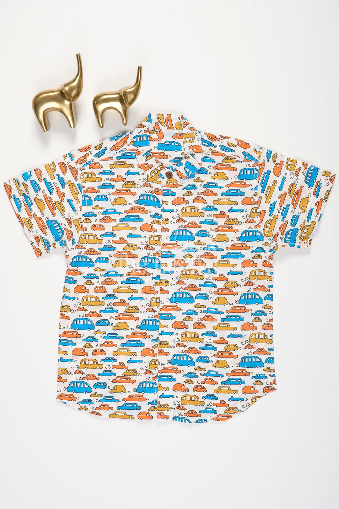 The Nesavu Boys Cotton Shirt Boys Multicolor Cotton Shirt with Playful Car Print and Relaxed Fit for Casual Outings Nesavu Nesavu Boys Multicolor Cotton Shirt Orange Blue Yellow Car Print Casual Fun