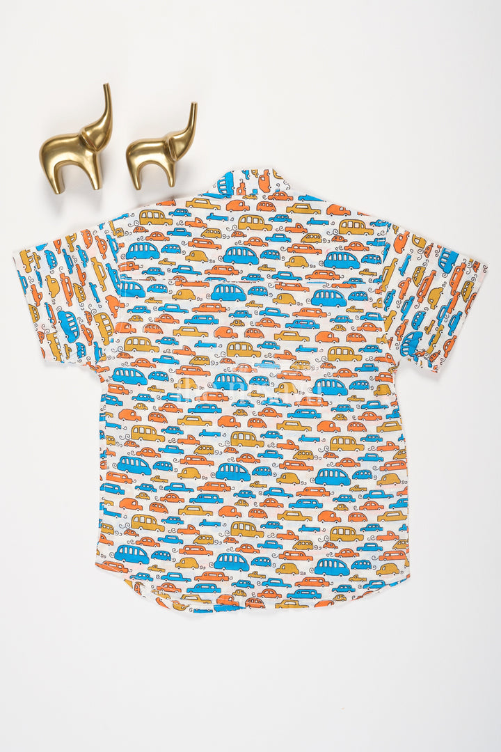 The Nesavu Boys Cotton Shirt Boys Multicolor Cotton Shirt with Playful Car Print and Relaxed Fit for Casual Outings Nesavu Nesavu Boys Multicolor Cotton Shirt Orange Blue Yellow Car Print Casual Fun