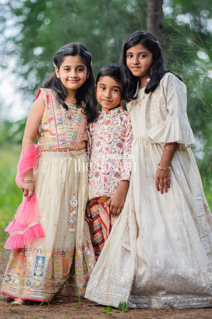 The Nesavu Boys Dothi Set Boys Multicolor Kurta and Dhoti Set with Floral Print for Cultural Events and Festive Gatherings Nesavu Nesavu Boys Floral Kurta Matching Dhoti Multicolor Festive Celebrations Special Events