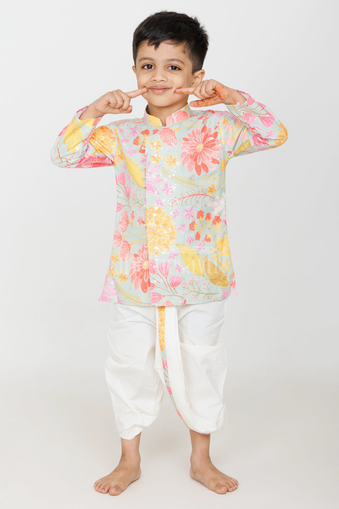 The Nesavu Boys Dothi Set Boys Multicolor Kurtha and Dhoti Set with Floral Cotton Blended Prints Nesavu 12 (3M) / Multicolor BES598A-12 Nesavu Boys Multicolor Kurtha Dhoti Set Floral Cotton Blended Prints