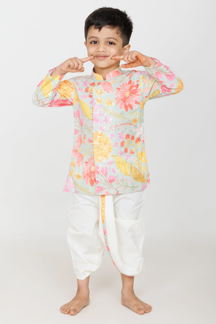 The Nesavu Boys Dothi Set Boys Multicolor Kurtha and Dhoti Set with Floral Cotton Blended Prints Nesavu 12 (3M) / Multicolor BES598A-12 Nesavu Boys Multicolor Kurtha Dhoti Set Floral Cotton Blended Prints