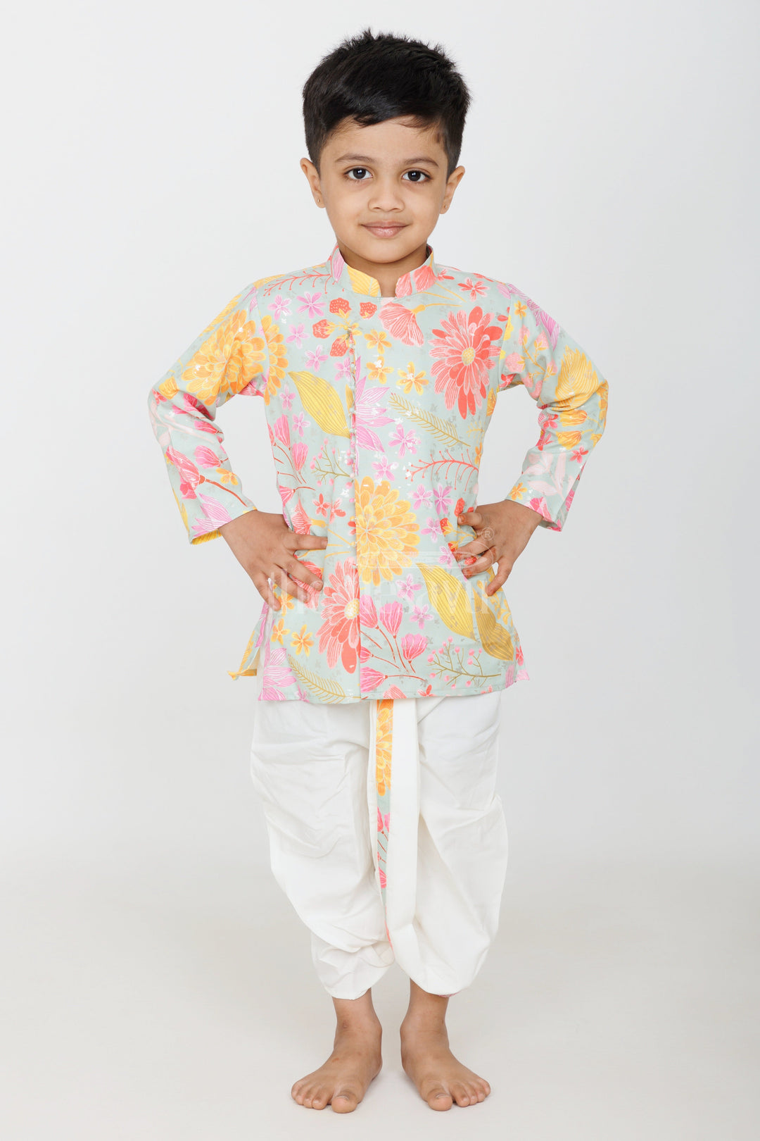The Nesavu Boys Dothi Set Boys Multicolor Kurtha and Dhoti Set with Floral Cotton Blended Prints Nesavu Nesavu Boys Multicolor Kurtha Dhoti Set Floral Cotton Blended Prints