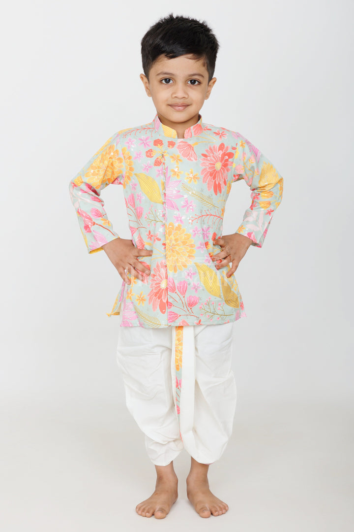 The Nesavu Boys Dothi Set Boys Multicolor Kurtha and Dhoti Set with Floral Cotton Blended Prints Nesavu Nesavu Boys Multicolor Kurtha Dhoti Set Floral Cotton Blended Prints