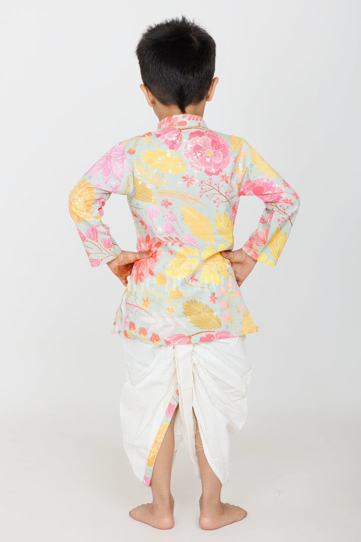 The Nesavu Boys Dothi Set Boys Multicolor Kurtha and Dhoti Set with Floral Cotton Blended Prints Nesavu Nesavu Boys Multicolor Kurtha Dhoti Set Floral Cotton Blended Prints