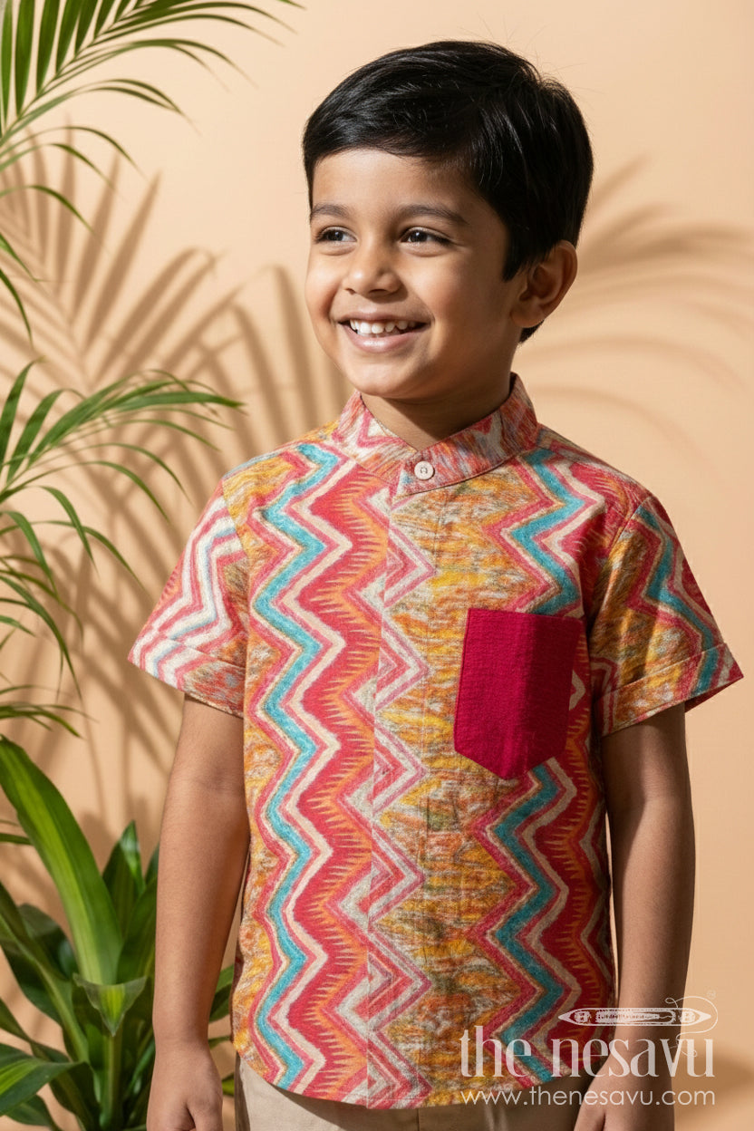 The Nesavu Boys Cotton Shirt Boys Multicolor Zigzag Printed Viscose Shirt Festive Wear for Celebrations Nesavu 16 (1Y) / Multicolor BS301A-16 Nesavu Boys Multicolor Zigzag Printed Shirt Festive Viscose Shirt Celebrations