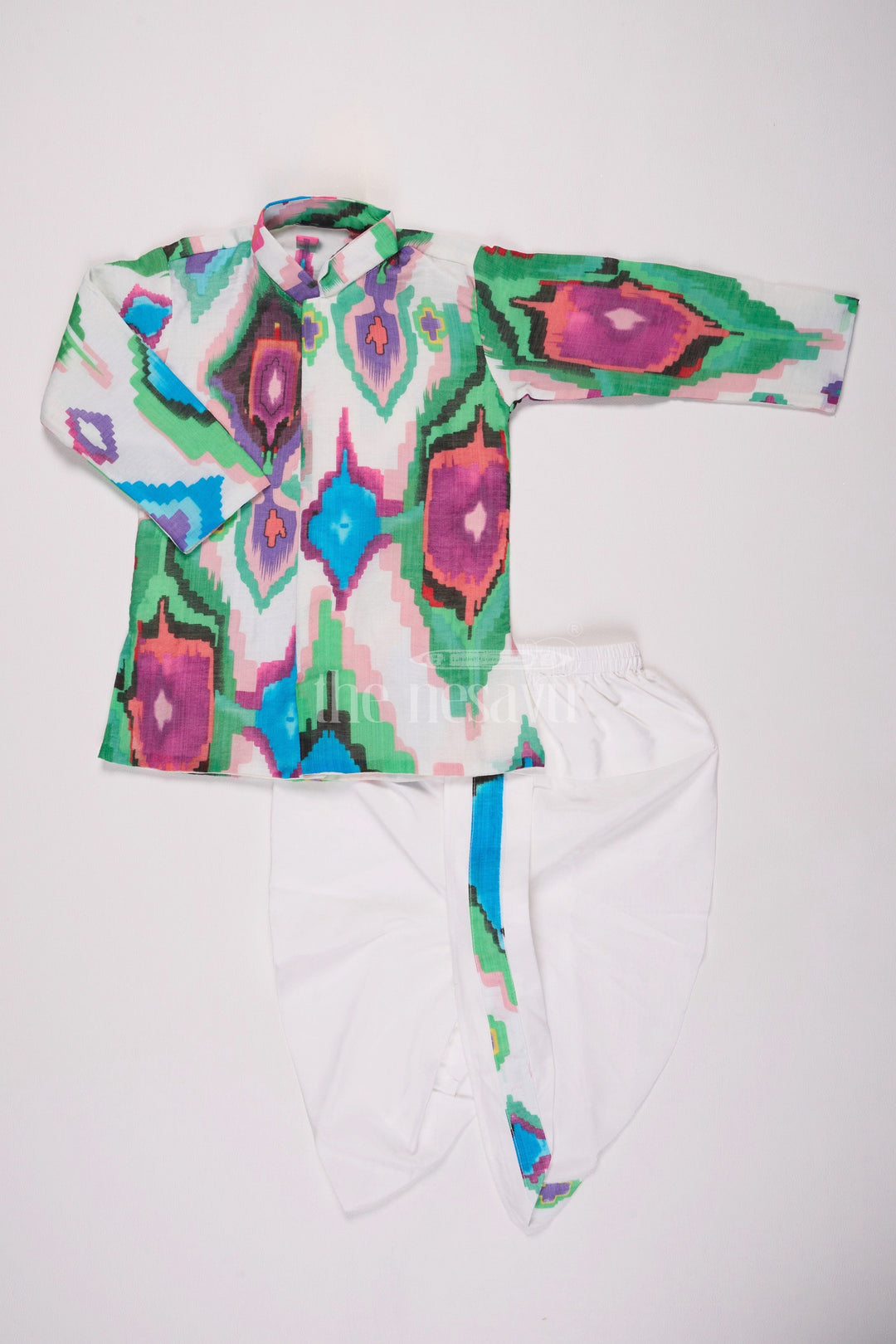 The Nesavu Boys Dothi Set Boys Multicolored Dhoti Kurti Set in Muslin Silk with Vibrant Design Nesavu 10 (NB) / Multicolor BES610A-10 Nesavu Boys Multicolored Muslin Silk Dhoti Kurti Set Bold Geometric Print
