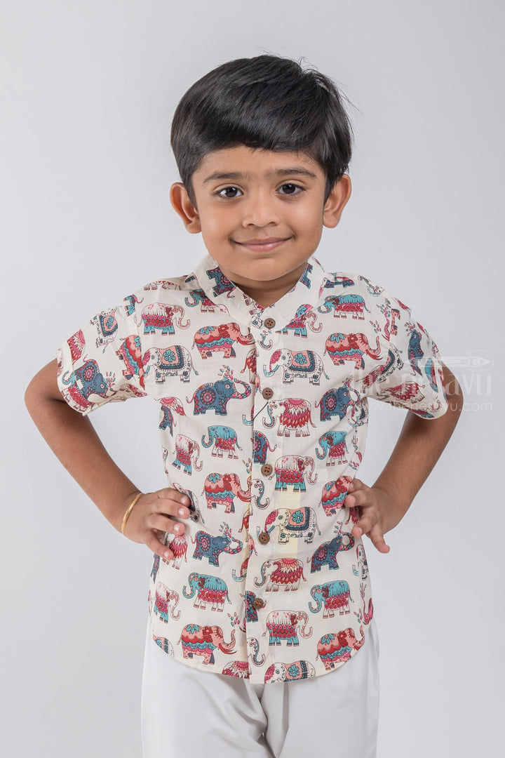 The Nesavu Boys Cotton Shirt Boys' Multicolour Madhubani Elephant Print Shirt | Pure Cotton | Nesavu | Artistic and Vibrant Ethnic Wear psr silks Nesavu 14 (6M) / Half White / Cotton BS041A