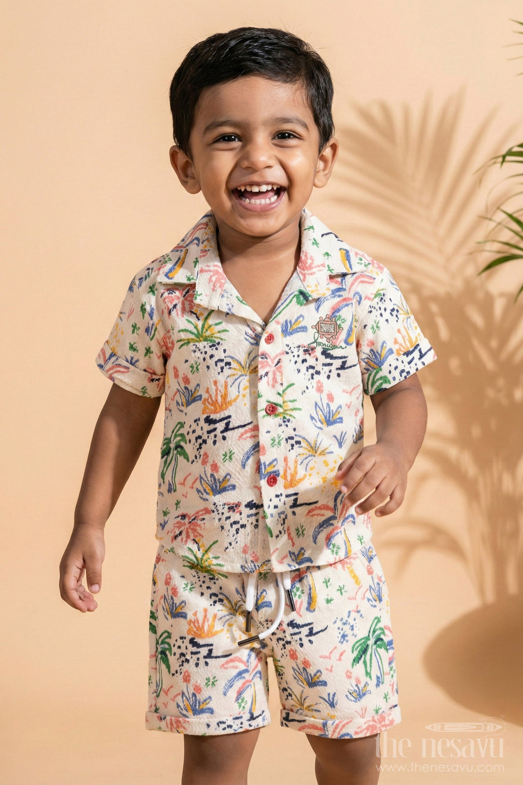 The Nesavu Boys Casual Set Boys Muslin Cotton Casual Attire Set with Colorful Printed Shirt and Matching Shorts Nesavu 14 (6M) / Multicolor BCS257A-14 Boys Casual Attire Set Muslin Cotton Colorful Nature Print Shirt Shorts | The Nesavu