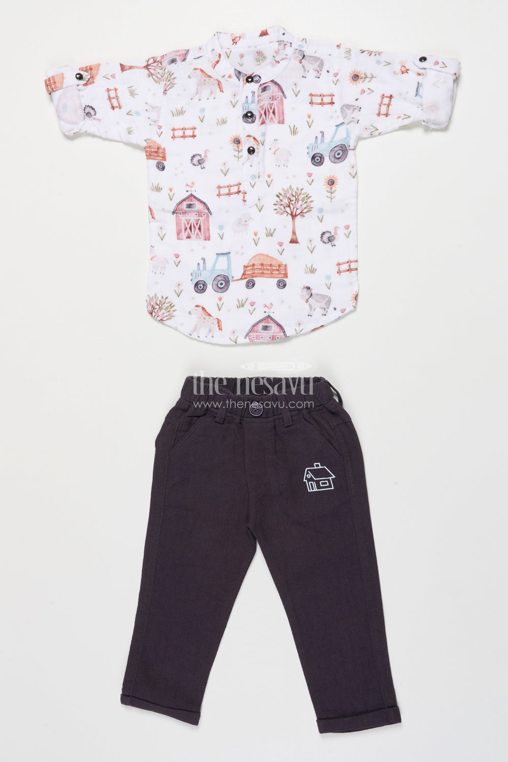 The Nesavu Boys Casual Set Boys Muslin Cotton Casual Set for Outings and Festive Gatherings Nesavu 16 (1Y) / Half white BCS340A-16 Nesavu boys muslin cotton casual set digital print outings festive occasions