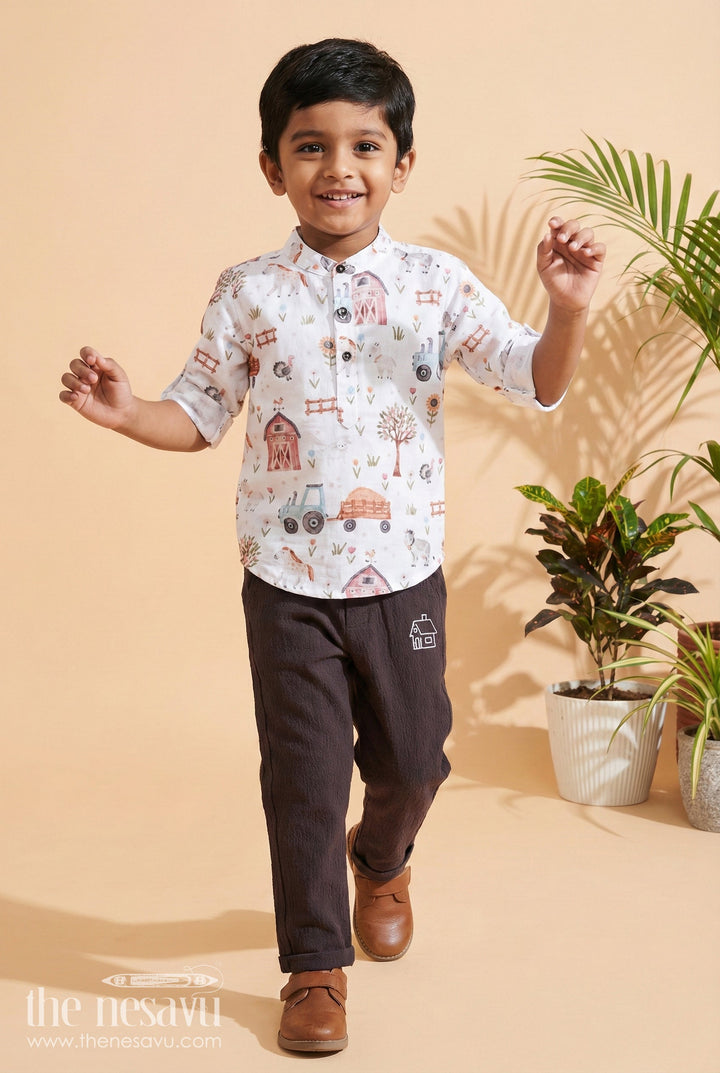 The Nesavu Boys Casual Set Boys Muslin Cotton Casual Set for Outings and Festive Gatherings Nesavu 16 (1Y) / Half white BCS340A-16 Nesavu boys muslin cotton casual set digital print outings festive occasions