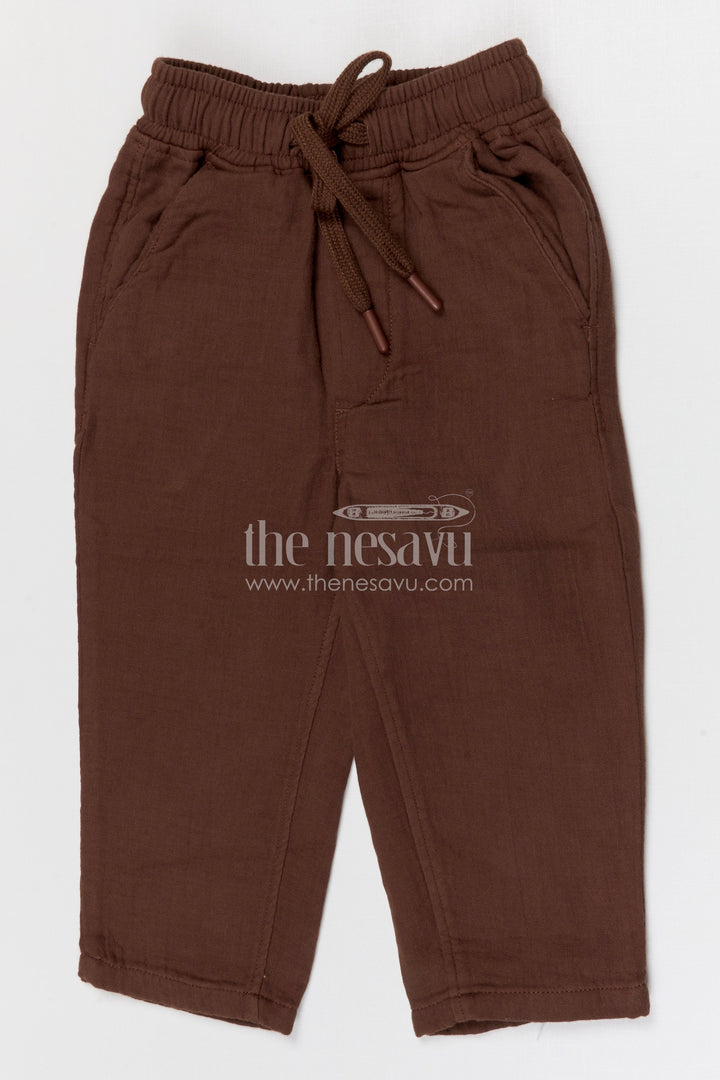 The Nesavu Boys Pant Boys Muslin Cotton Pants for Everyday Comfort and Casual Wear Nesavu 16 (1Y) / Brown / Muslin Cotton BWP031C-16 Nesavu boys muslin cotton pants for everyday comfort breathable kids casual drawstring pants