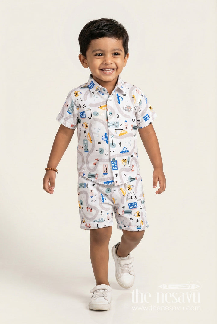 The Nesavu Boys Casual Set Boys Muslin Cotton Shorts T Shirt Set with Digital Prints and Playful Patterns for Active Wear Nesavu 14 (6M) / Half white BCS276A-14 Nesavu Boys Muslin Cotton Digital Printed Shorts T Shirt Set Active Casual Wear