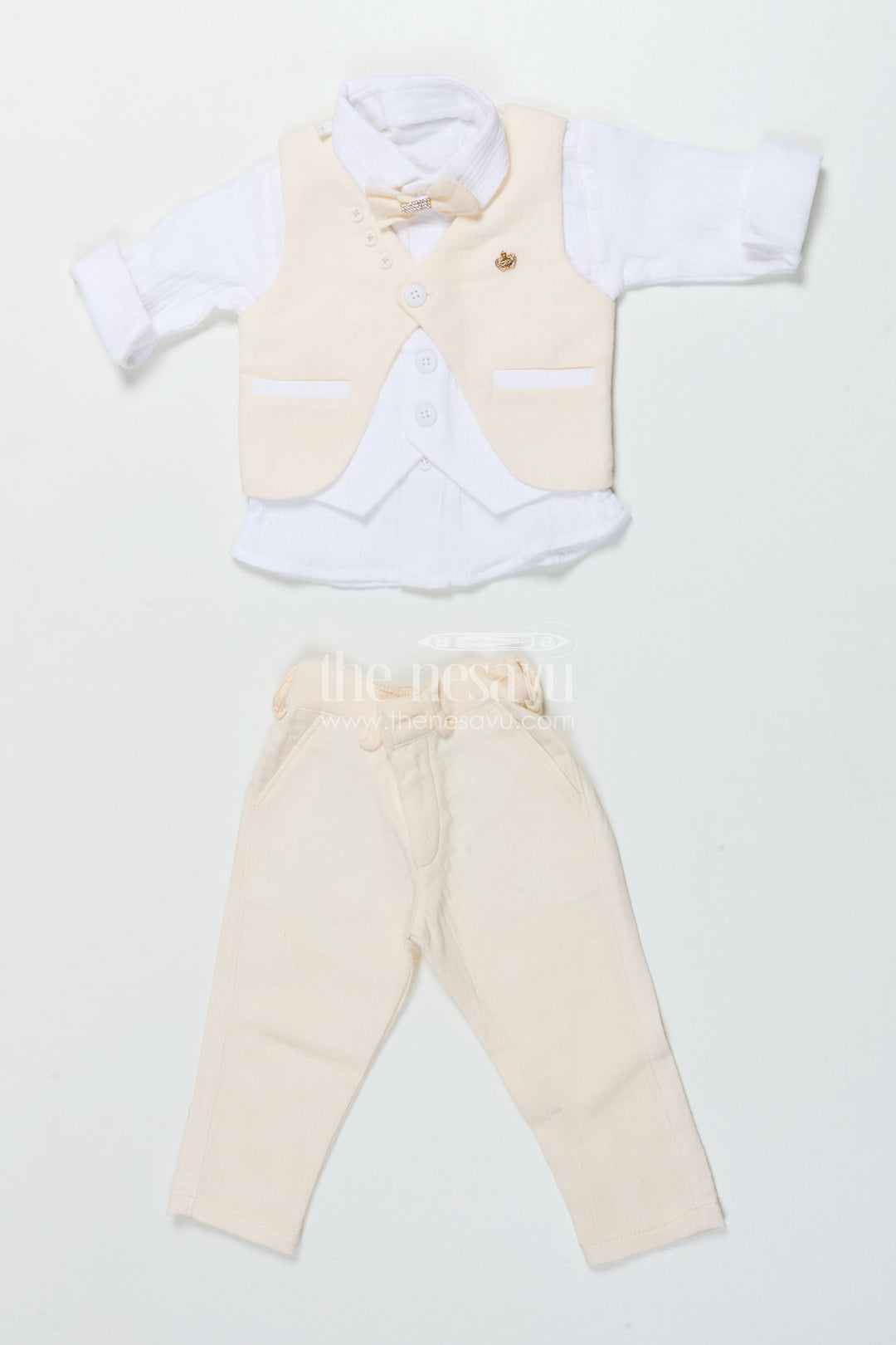 The Nesavu Boys Casual Set Boys Muslin Cotton Waistcoat Set for Weddings and Birthdays Nesavu 12 (3M) / Yellow BCS505A-12 Nesavu boys waistcoat set in muslin cotton with bow tie for festive weddings and birthdays