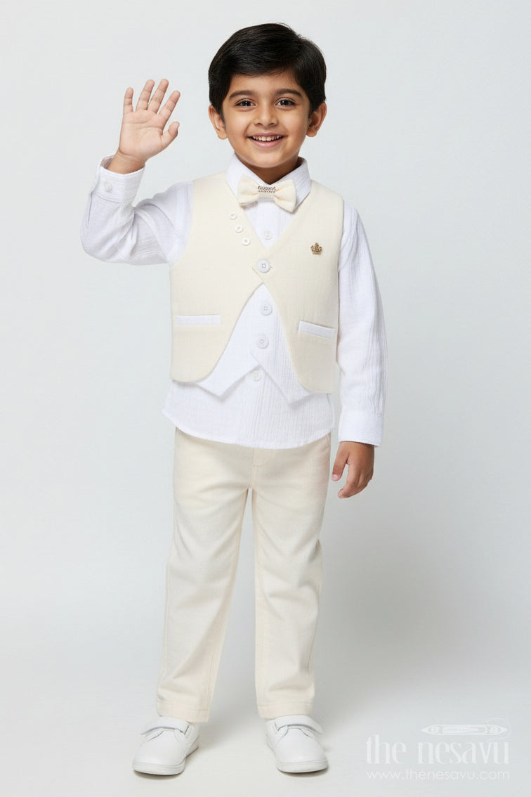 The Nesavu Boys Casual Set Boys Muslin Cotton Waistcoat Set for Weddings and Birthdays Nesavu 12 (3M) / Yellow BCS505A-12 Nesavu boys waistcoat set in muslin cotton with bow tie for festive weddings and birthdays