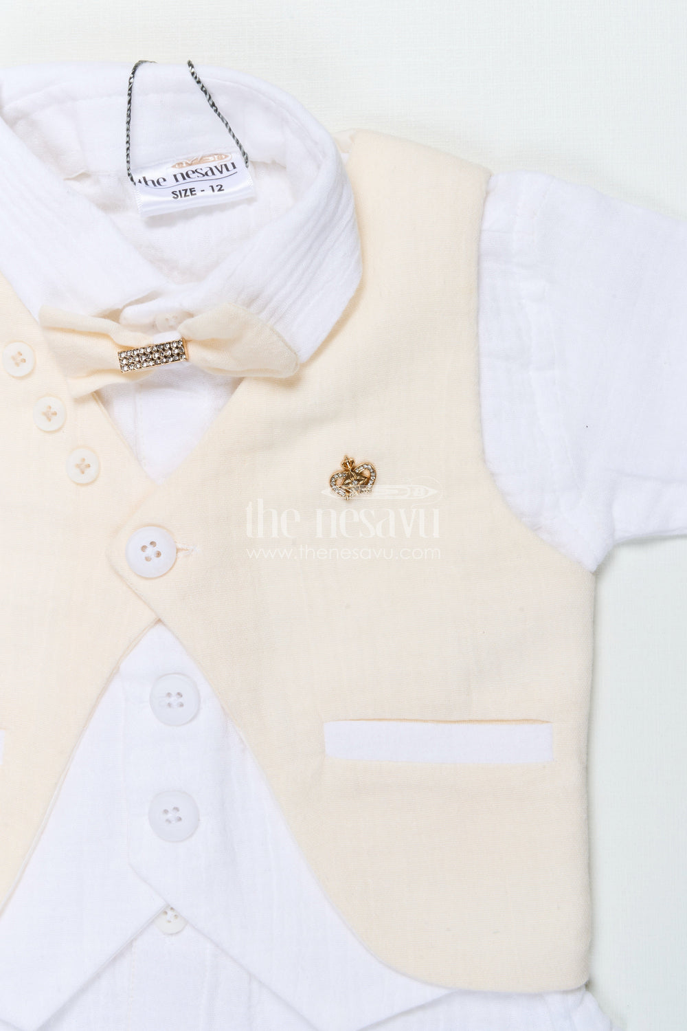 The Nesavu Boys Casual Set Boys Muslin Cotton Waistcoat Set for Weddings and Birthdays Nesavu Nesavu boys waistcoat set in muslin cotton with bow tie for festive weddings and birthdays