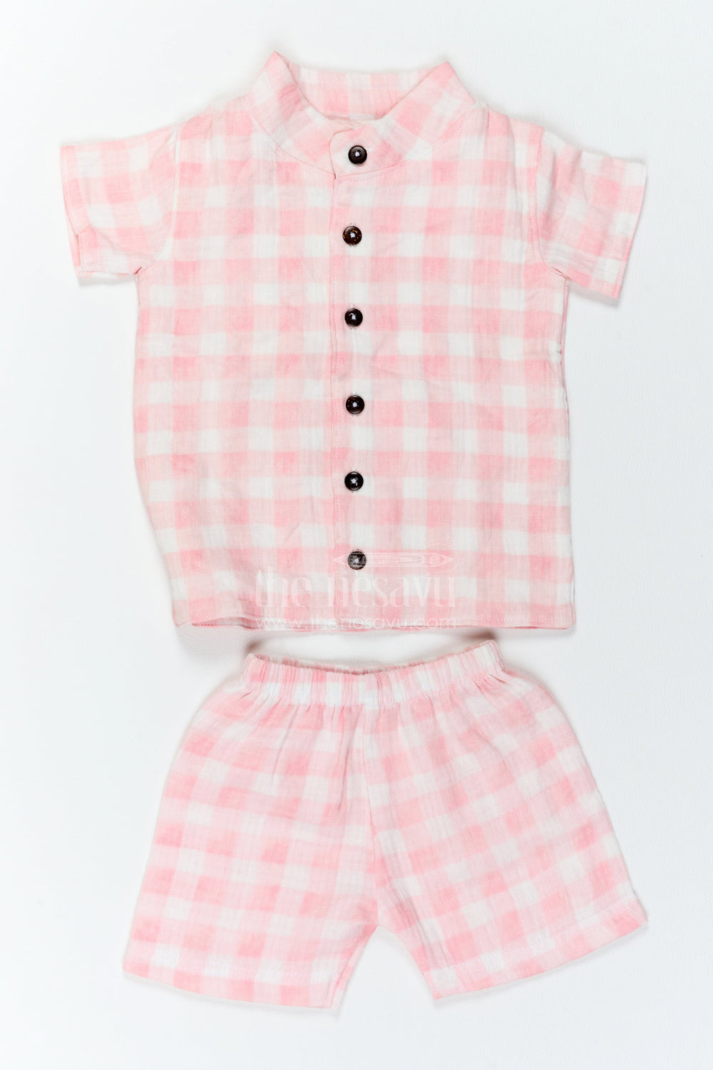 The Nesavu Boys Casual Set Boys Muslin Shirt and Shorts Set for Summer Outings and Playdates Nesavu 10 (NB) / Pink / Muslin BCS617A-10 Nesavu Boys Muslin Shirt And Shorts Set For Summer Outings Playdates Holidays And Casual Weekends
