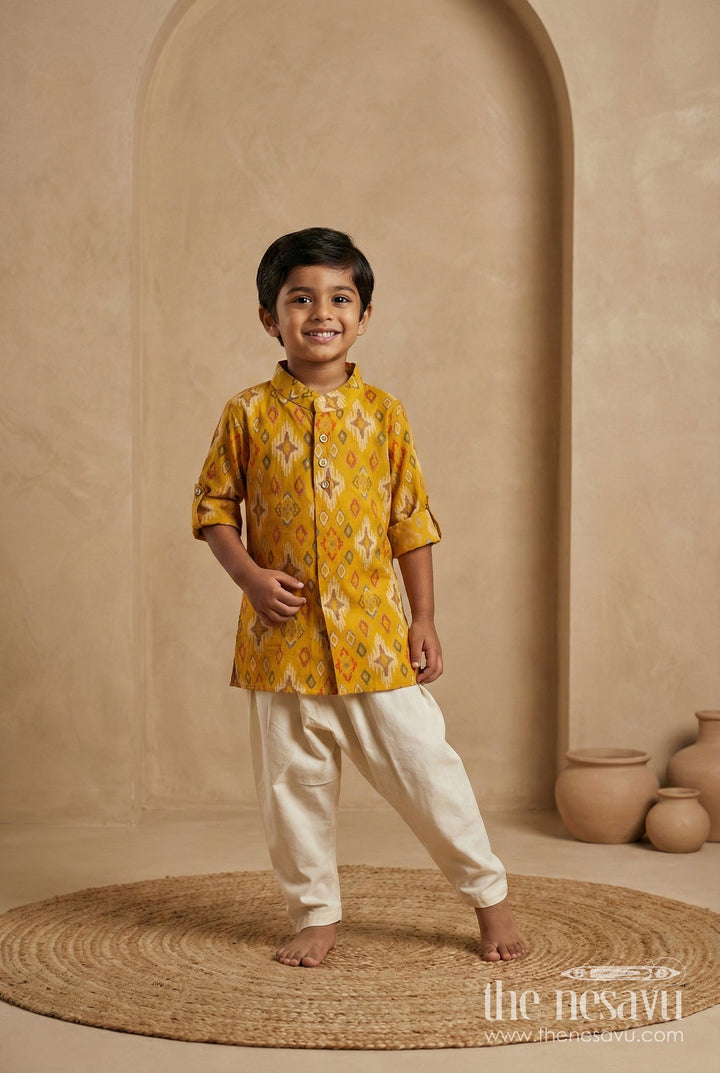 The Nesavu Boys Kurtha Set Boys Mustard Ikat Print Kurta and Ivory Pants Set Nesavu 12 (3M) / Yellow BES877A-12 Nesavu boys mustard ikat printed viscose modal silk kurta and ivory pant set festive ethnic wear